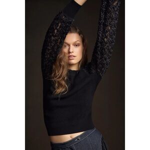 Anthropologie Sweater Floral Embellished-Sleeve Textured Black XS NWT New